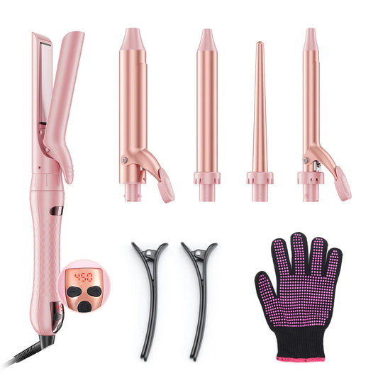 5 in 1 Curling Iron Set, Curling Wand set with Flat Iron Hair Straightener, Dual Voltage Hair Curler,Pink